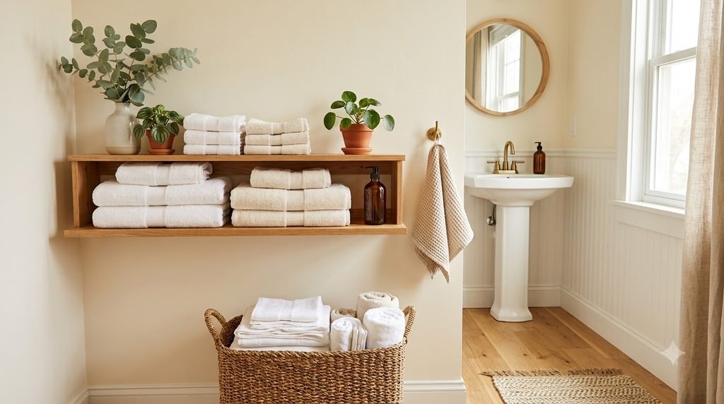 Small bathroom with neatly folded towels and woven basket storage