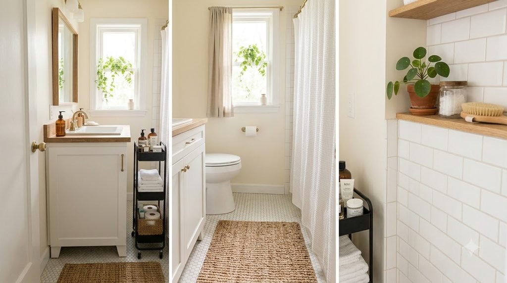 Slim rolling cart storing towels and toiletries in a narrow bathroom space