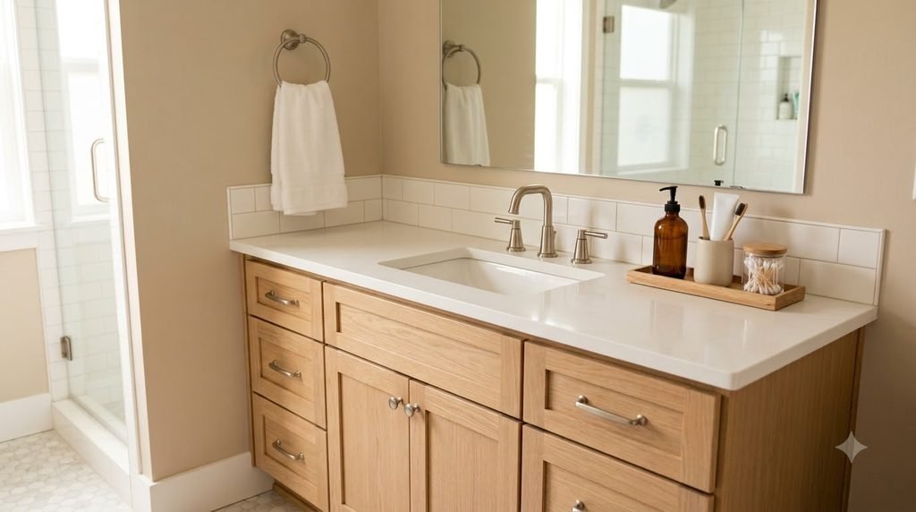 organized bathroom vanity with clear countertop and everyday essentials