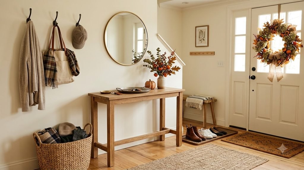 Organized fall entryway with hooks, woven basket, shoe storage and seasonal wreath