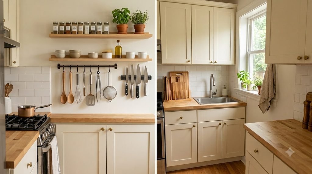 Small kitchen using vertical wall storage, shelves and hooks to save space