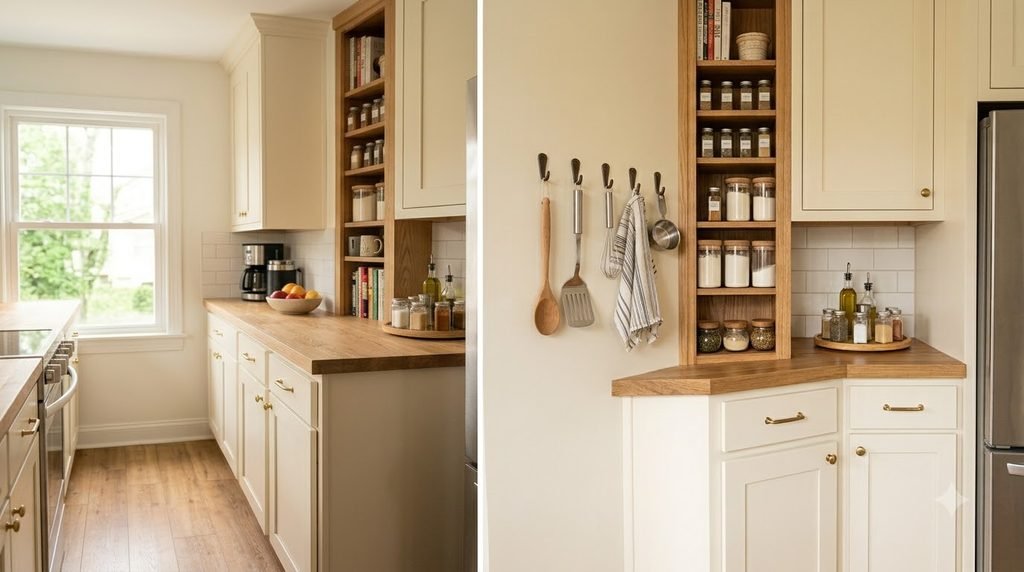 Small kitchen using corner shelves and cabinet-side hooks for extra storage