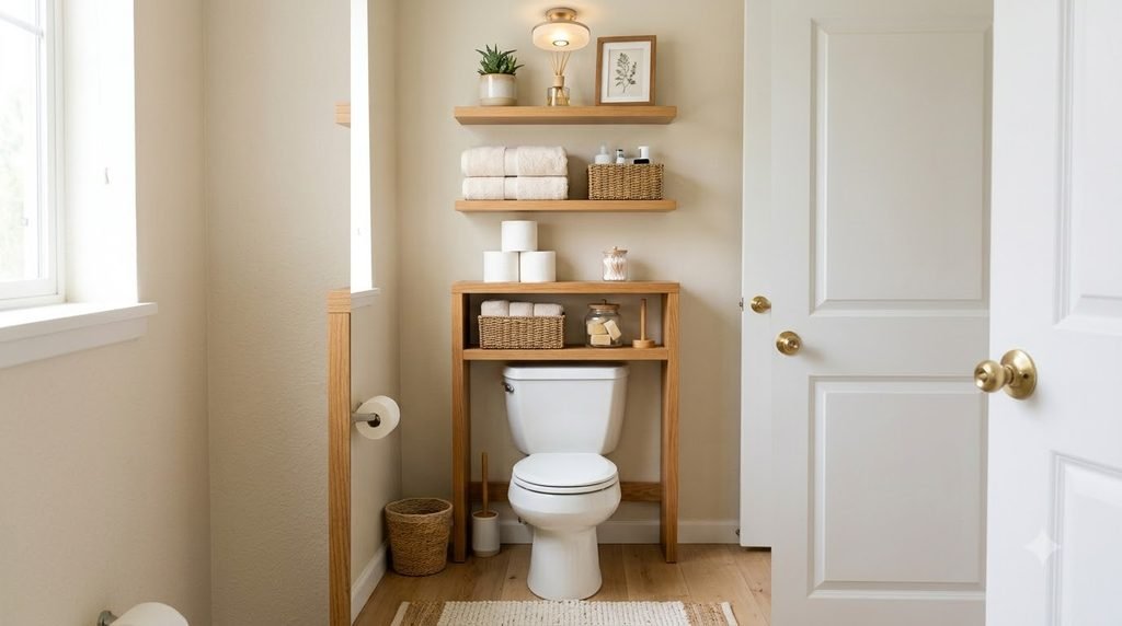 Small bathroom using floating shelves above the toilet for towels and storage baskets