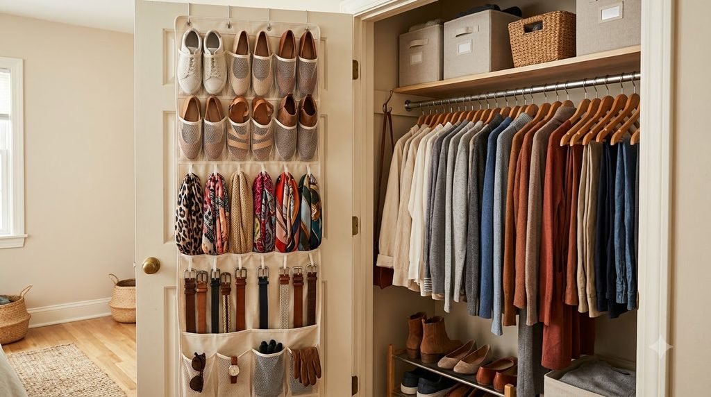 closet door organizer storing shoes scarves belts and accessories
