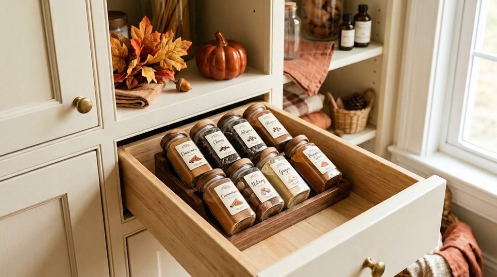 Fall spices including cinnamon, nutmeg and ginger organized in a small pantry zone