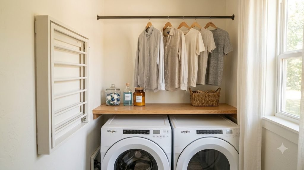 Small laundry room with wall-mounted drying rack and hanging rod