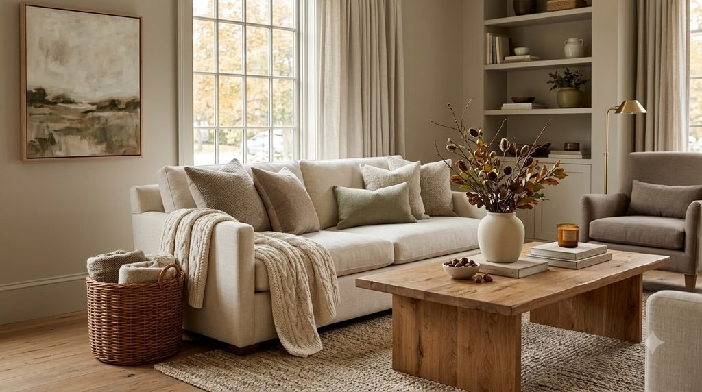 neutral fall home decor with cream beige taupe olive and natural wood accents