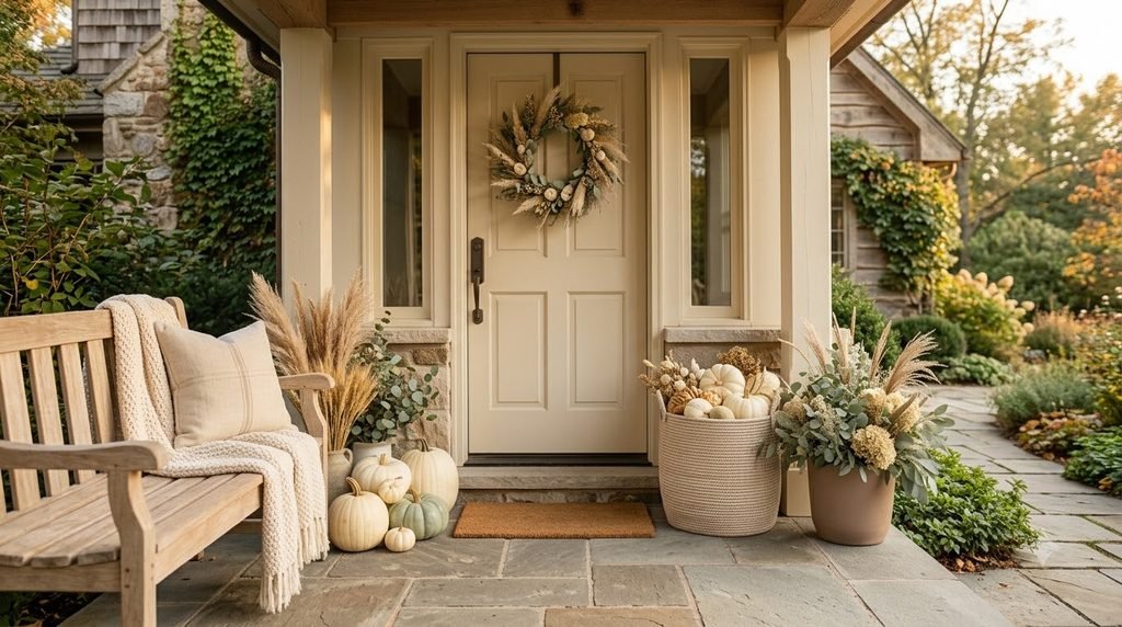 Elegant neutral fall porch decorated with cream pumpkins and natural textures