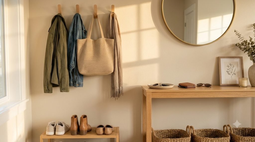 entryway organization ideas with storage baskets shoe rack hooks and console table