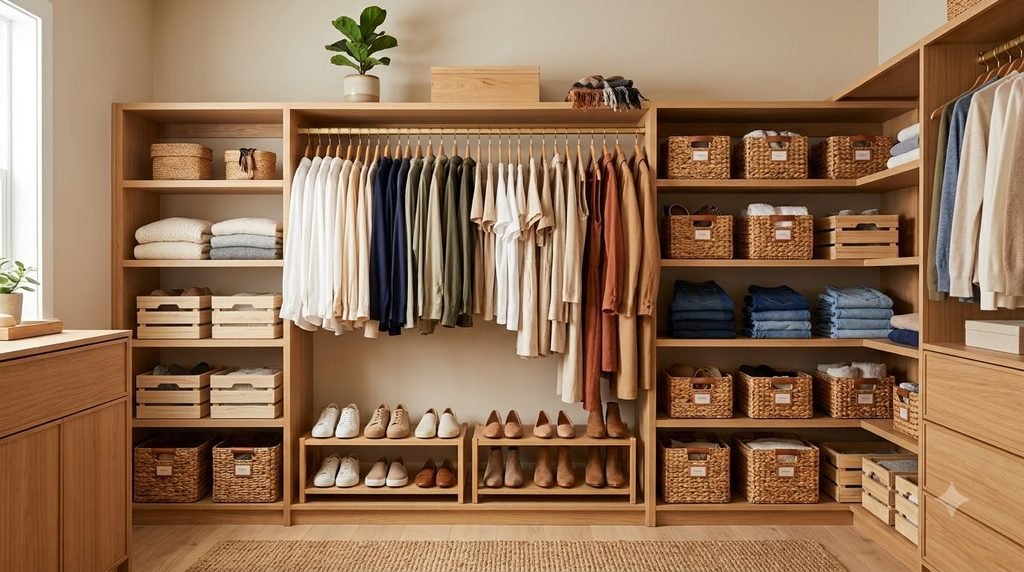 closet organization ideas with organized clothes, shelves, baskets and shoes