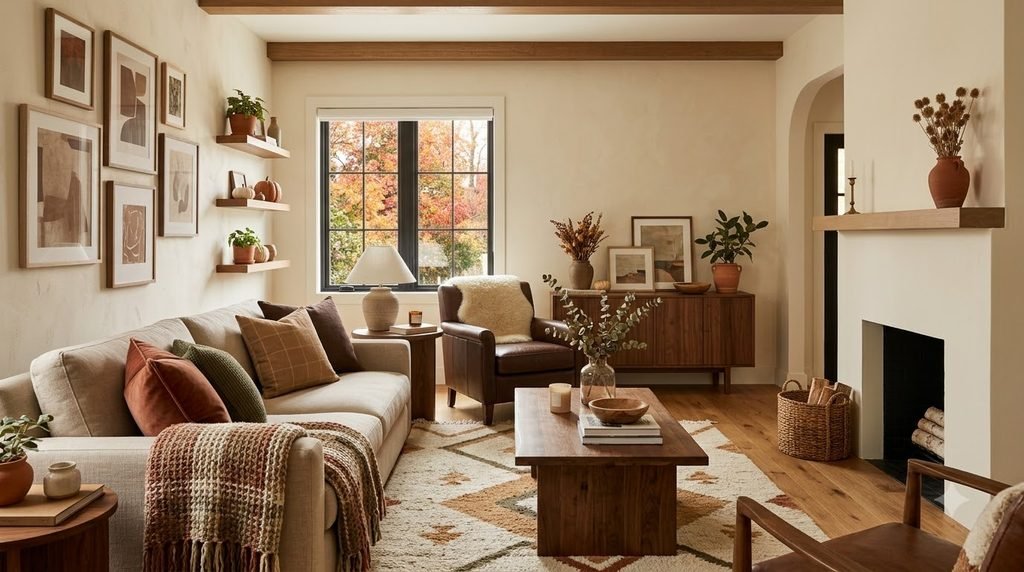 fall living room decorated with cream camel terracotta olive and warm brown colors