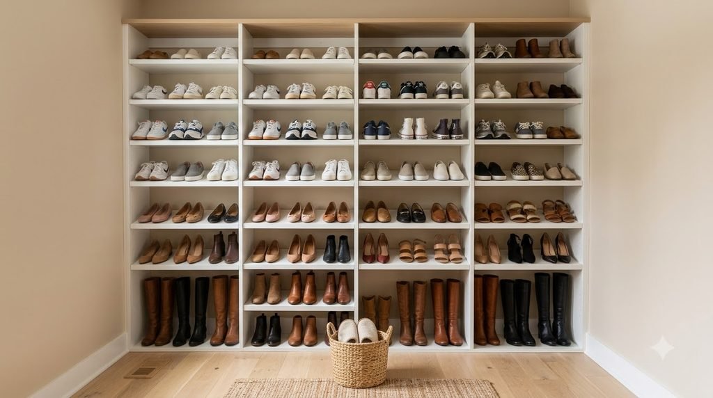 vertical shoe organization in an organized bedroom closet
