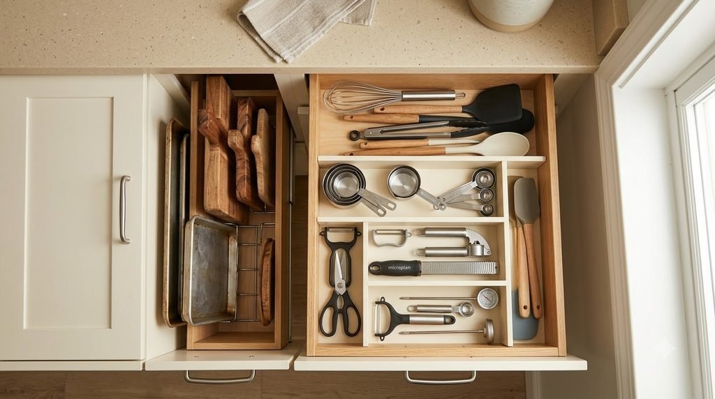 Organized small kitchen drawer with dividers separating cooking utensils and tools