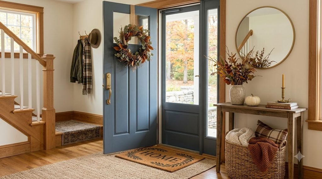 cozy fall entryway with seasonal wreath woven basket and autumn decor
