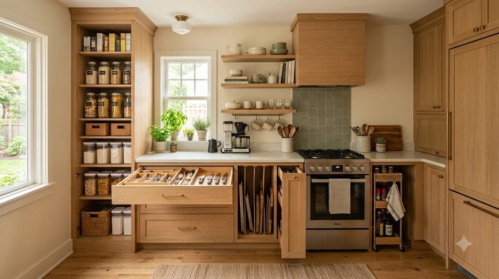 Beautifully organized small kitchen with smart storage and clear countertops