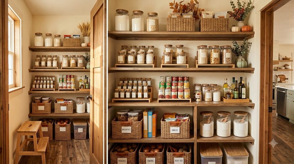 Beautifully organized fall pantry with baking supplies, spices, baskets and seasonal staples