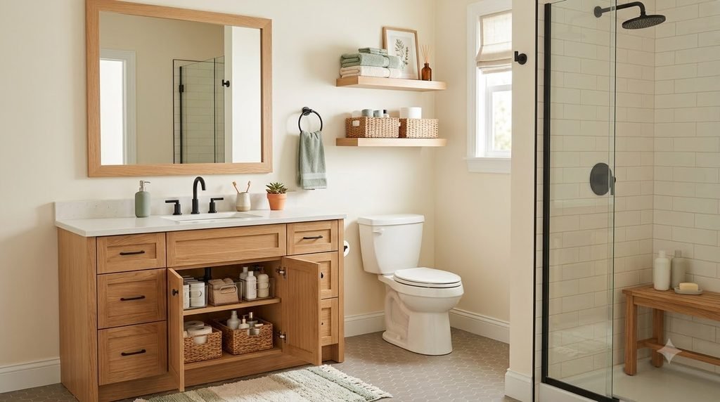 Beautifully organized small bathroom with smart storage, clear surfaces and neatly folded towels