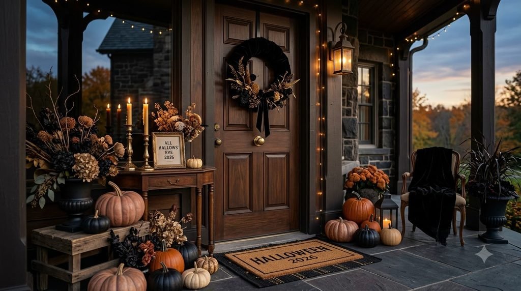 Elegant Halloween 2026 front porch with gothic luxury decor, terracotta pumpkins, and velvet wreath