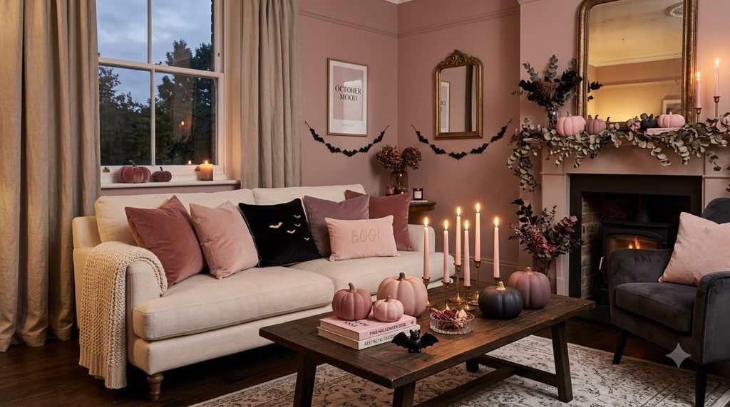 Dusty pink Halloween decor with velvet pillows, mauve pumpkins, and black accents in a cozy living room