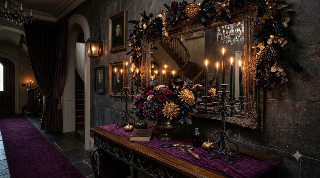 Gothic luxury Halloween entryway with black candelabras, gold chrysanthemums, and purple velvet accents

