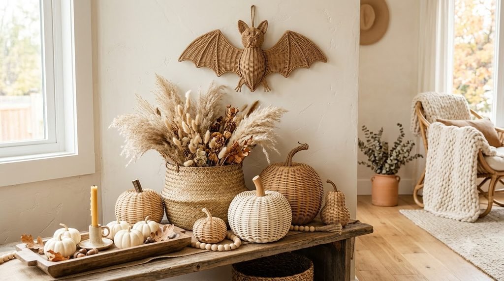 Woven rattan and wicker Halloween decor with dried pampas grass and white pumpkins on a wooden tray