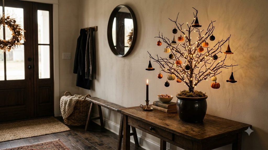 Bare-branch Halloween tree decorated with fairy lights, mini pumpkins, and witch hat ornaments