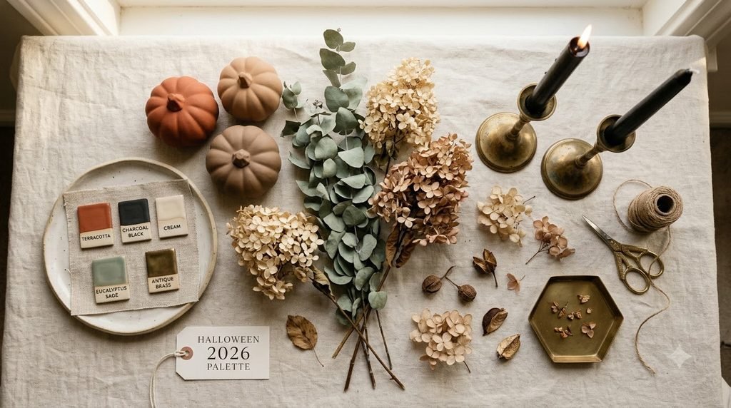 Halloween 2026 color palette flat lay with terracotta pumpkins, dried eucalyptus, and brass accents