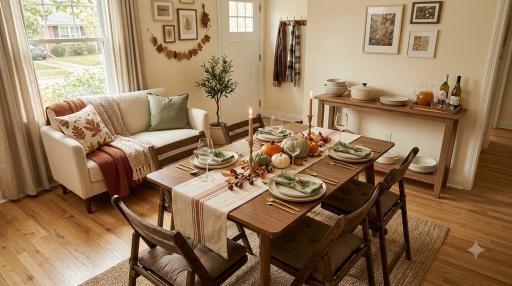 Small apartment dining area arranged for Thanksgiving with compact seating and space-saving holiday decor.