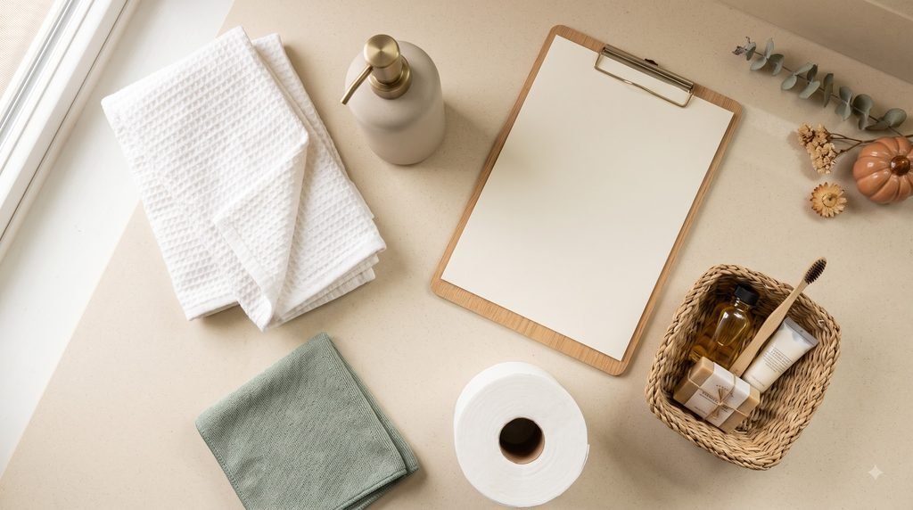 Small guest bathroom with vertical towel storage, wall hooks, and an uncluttered vanity to save space.