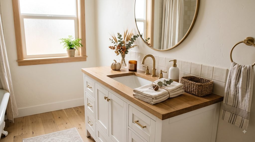 Thanksgiving guest bathroom preparation essentials including fresh towels, soap, toilet paper, and a blank checklist.