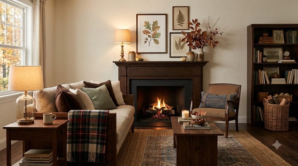 Cozy fall home decorated with warm colors, textures and natural materials