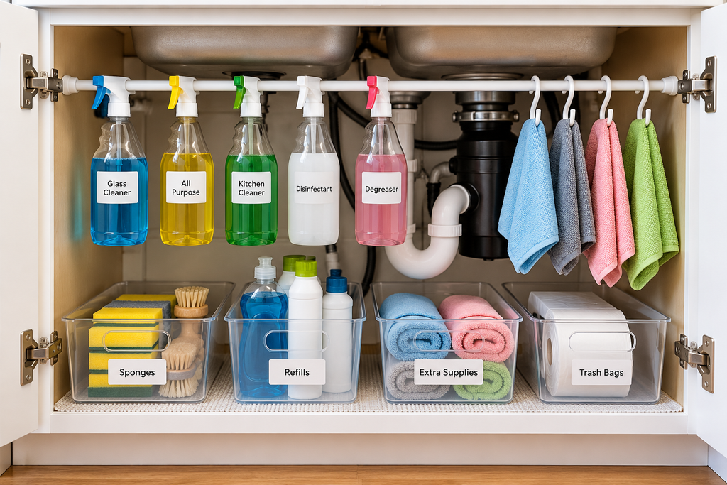 under sink cleaning supplies organization with tension rod