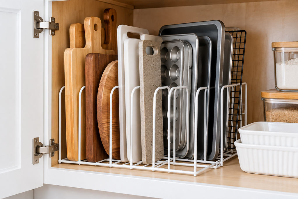 cutting boards and baking sheets organized in magazine holders