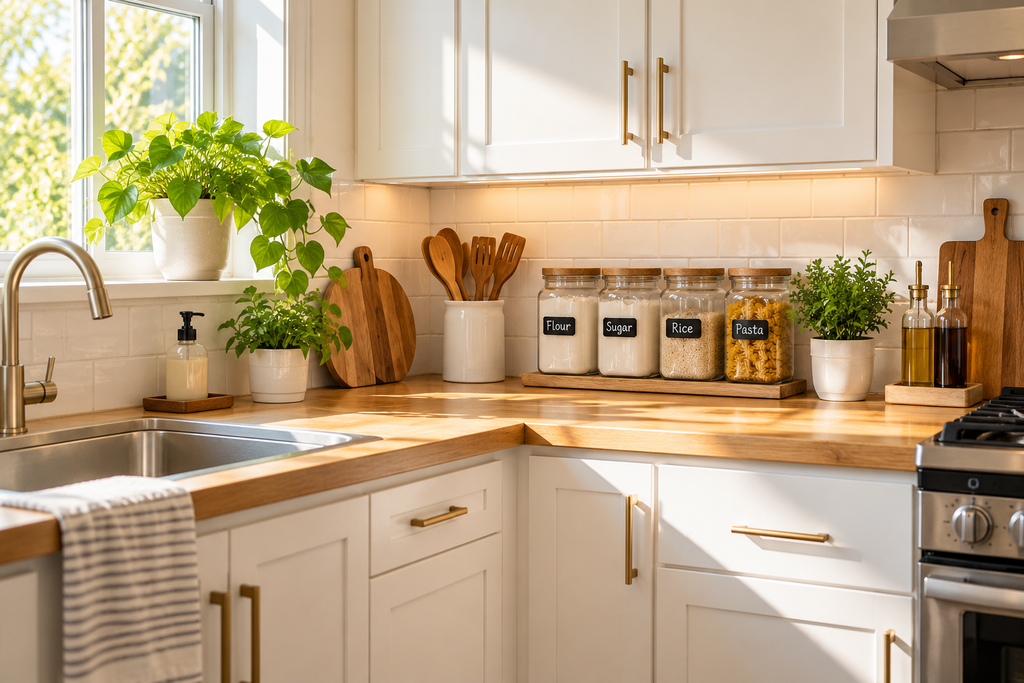 bright minimalist small kitchen counter organization idea