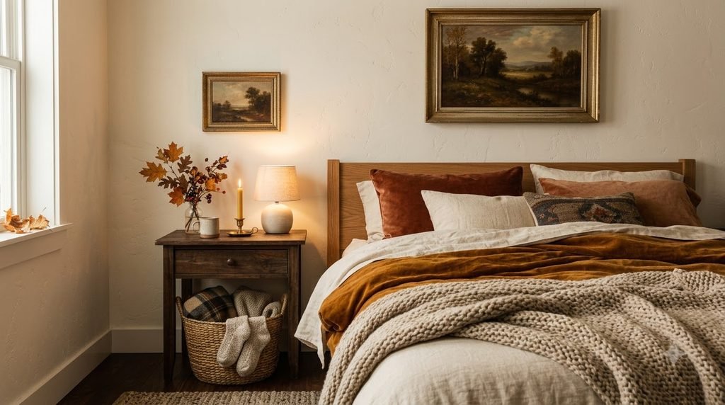Layered textures and warm lighting for a cozy fall home