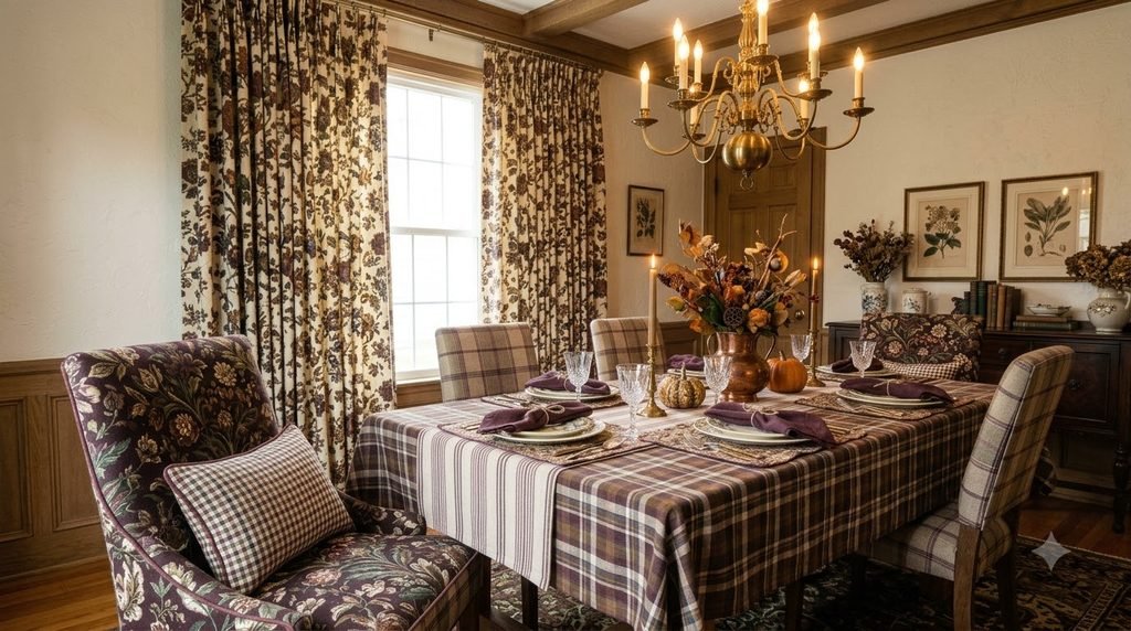 Pattern drenching with plaid and botanical fall decor
