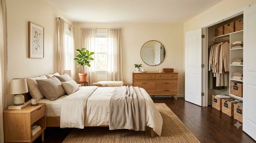 calm spacious bedroom after organizing and reducing clutter