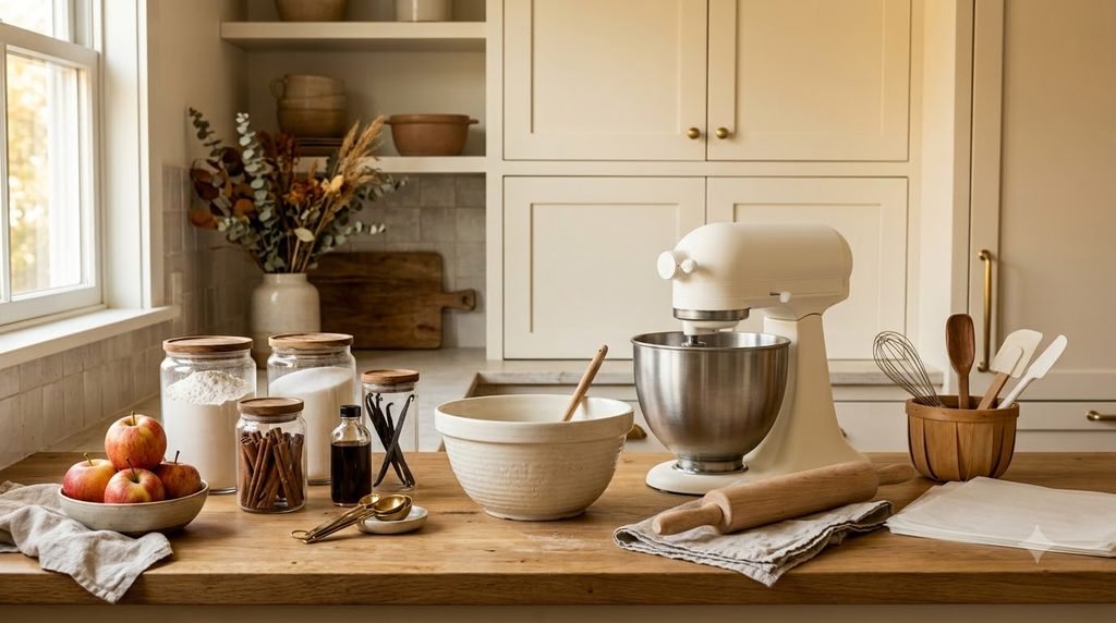 Cozy fall baking station with neatly organized flour, sugar, spices, measuring tools, and baking supplies.
