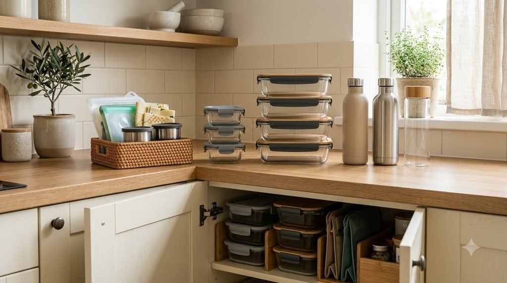 organized lunch containers and reusable bottles in a kitchen cabinet