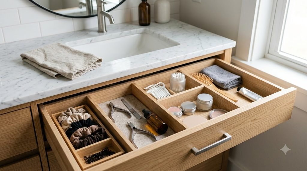 Bathroom vanity drawer organized with dividers for small personal-care items