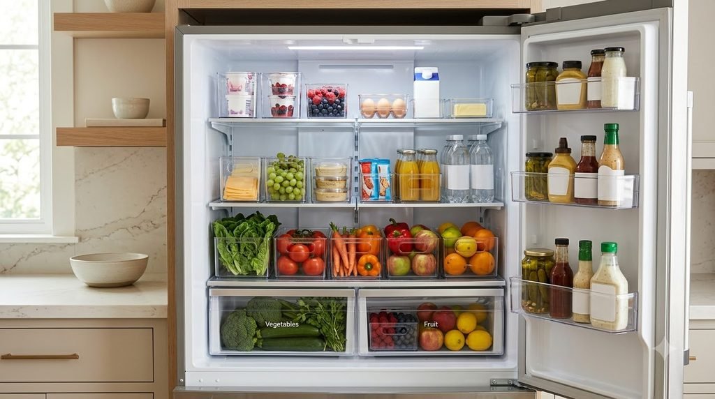 organized refrigerator with clear storage bins