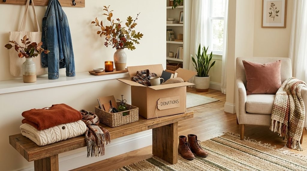 September decluttering checklist with a donation box and organized home