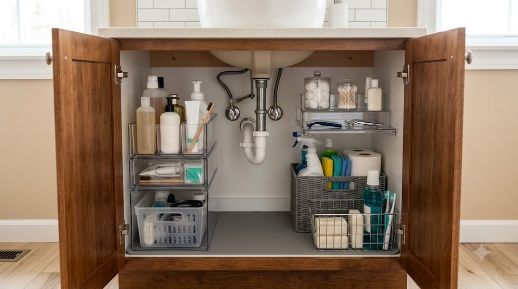 Neatly organized under-sink bathroom cabinet with separate storage zones