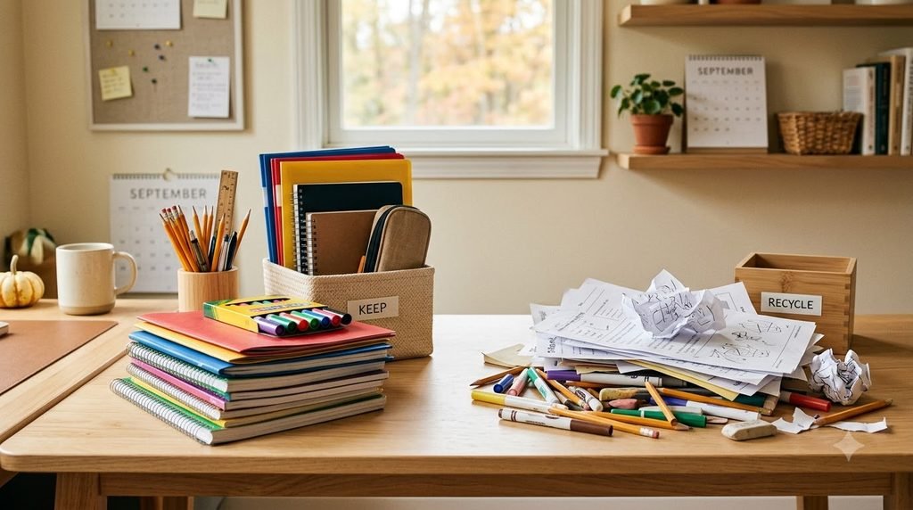 Decluttering old school supplies and papers for a more organized home