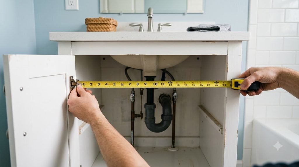 Measuring the inside of a bathroom vanity cabinet before choosing an under-sink organizer