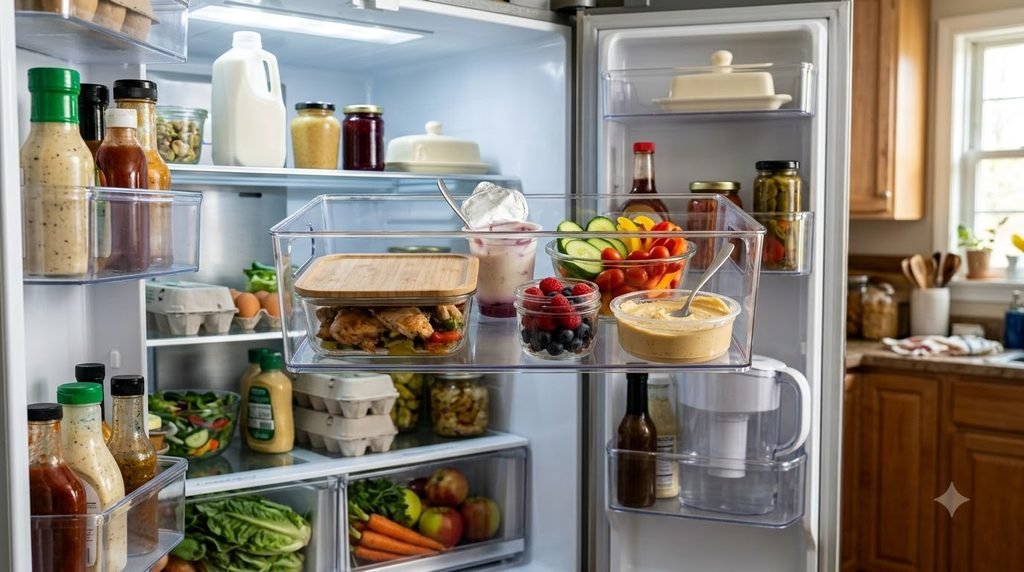 Refrigerator eat-first bin containing leftovers, yogurt, vegetables, and food that should be used soon.
