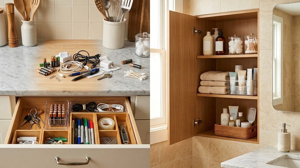 Decluttering a junk drawer and unused bathroom products in September