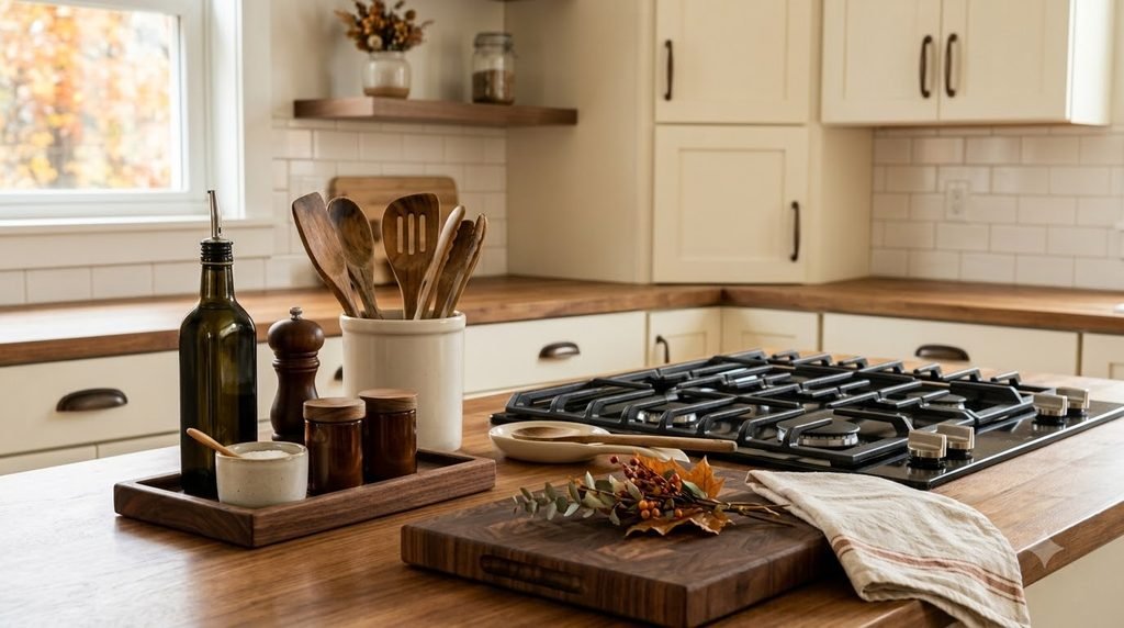Organized fall cooking zone with everyday oils, spices, utensils, and cookware near the stove.