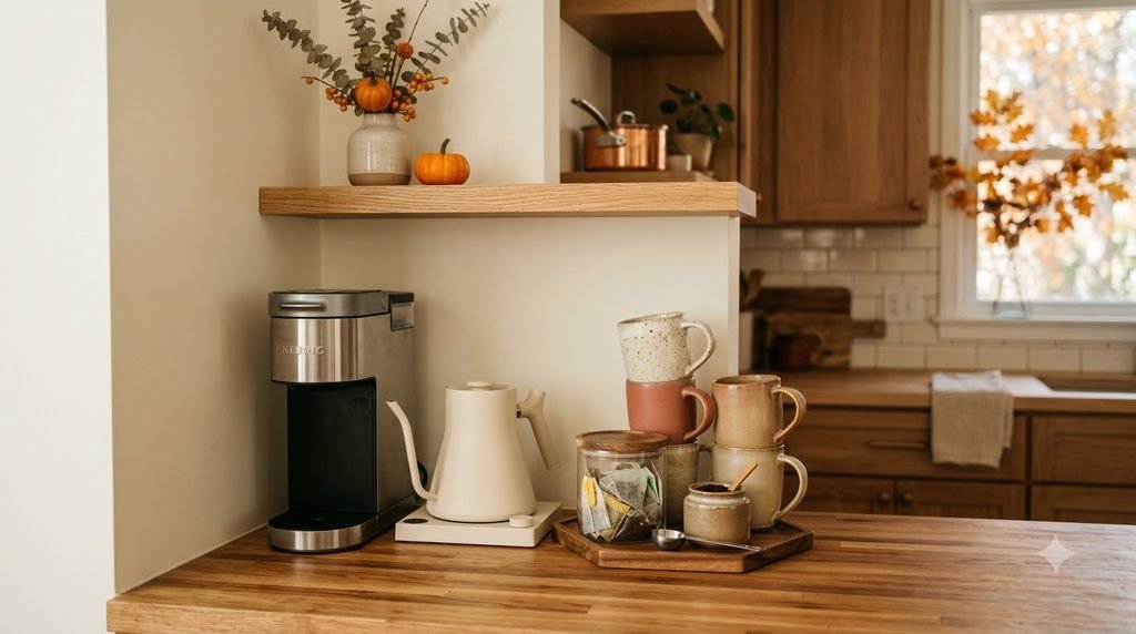 Cozy fall coffee and tea station with mugs, kettle, coffee supplies, and warm seasonal decor.