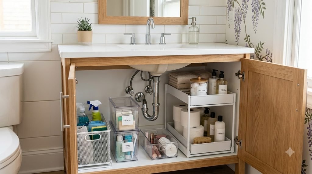 Organized bathroom vanity cabinet with space-saving under-sink storage organizers